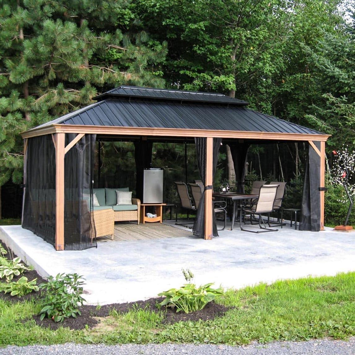PURPLE LEAF Hardtop Gazebo for Patio Wood Grain Aluminum Frame Awning with Netting