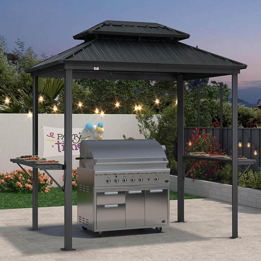PURPLE LEAF Hardtop Grill Gazebo for Patio Grey Permanent Metal Roof Outside Sun Shade Outdoor BBQ Canopy