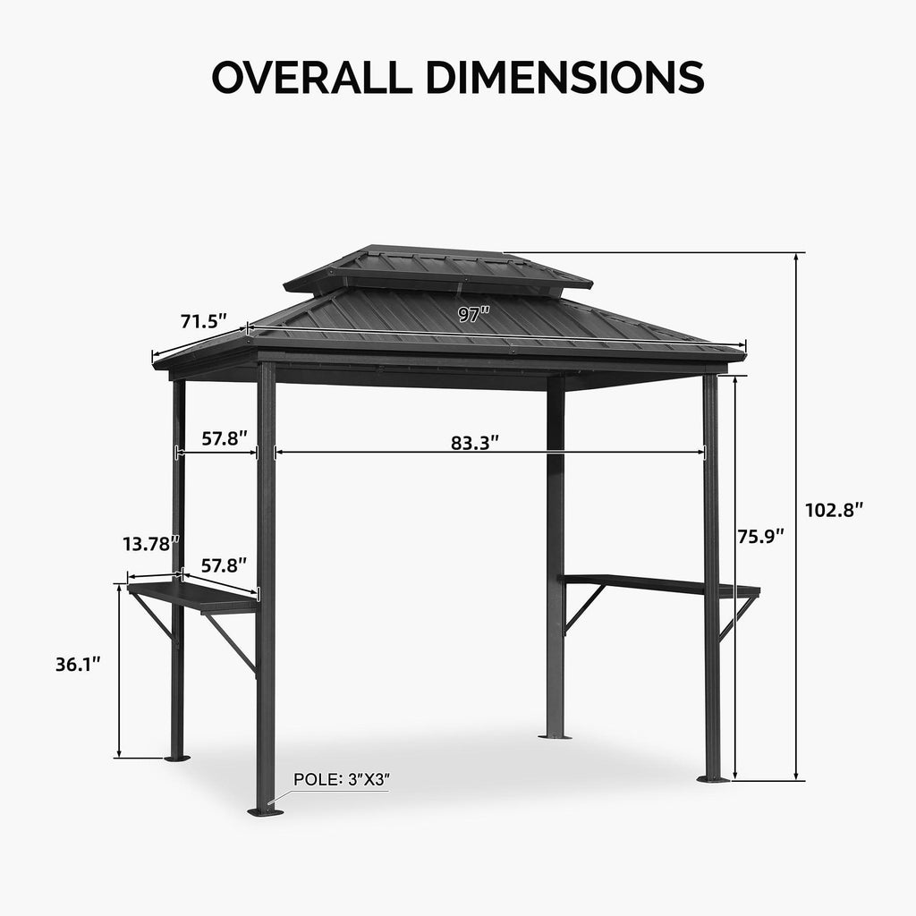 PURPLE LEAF Hardtop Grill Gazebo for Patio Grey Permanent Metal Roof Outside Sun Shade Outdoor BBQ Canopy