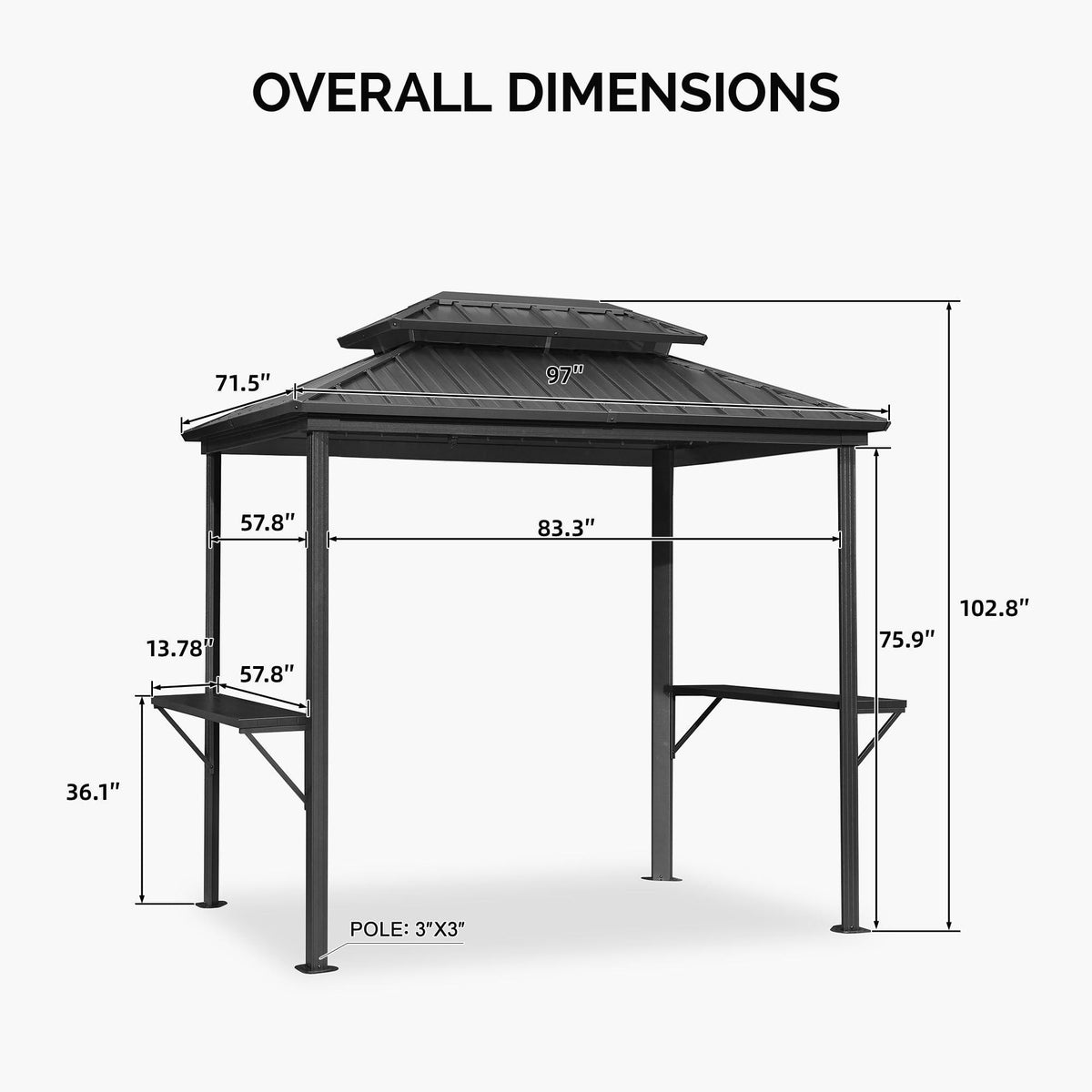 PURPLE LEAF Hardtop Grill Gazebo for Patio Grey Permanent Metal Roof Outside Sun Shade Outdoor BBQ Canopy