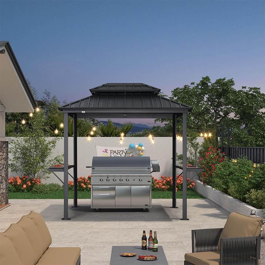 PURPLE LEAF Hardtop Grill Gazebo for Patio Grey Permanent Metal Roof Outside Sun Shade Outdoor BBQ Canopy