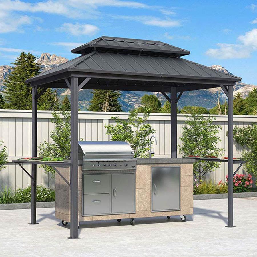 PURPLE LEAF Hardtop Grill Gazebo for Patio Grey Permanent Metal Roof Outside Sun Shade Outdoor BBQ Canopy