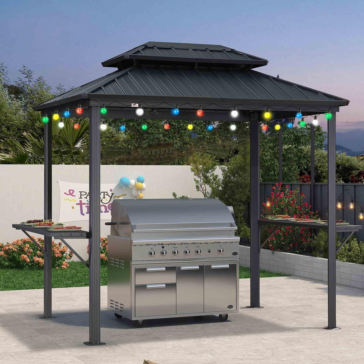 PURPLE LEAF Hardtop Grill Gazebo for Patio Grey Permanent Metal Roof Outside Sun Shade Outdoor BBQ Canopy with String Lights