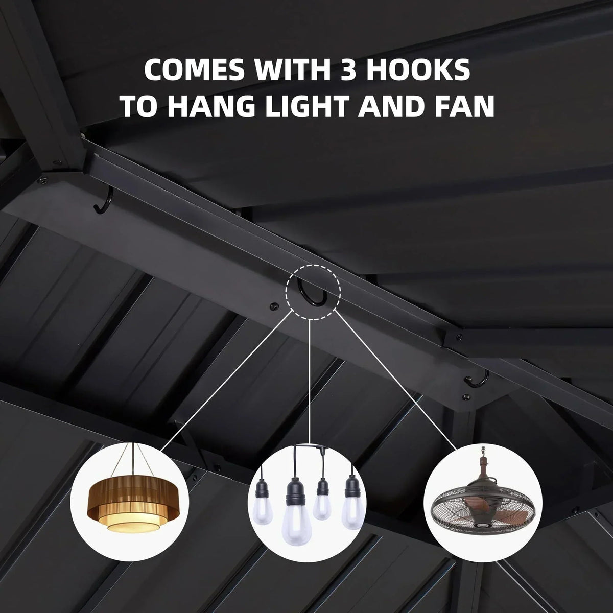 PURPLE LEAF Hardtop Grill Gazebo for Patio Grey Permanent Metal Roof Outside Sun Shade Outdoor BBQ Canopy with String Lights
