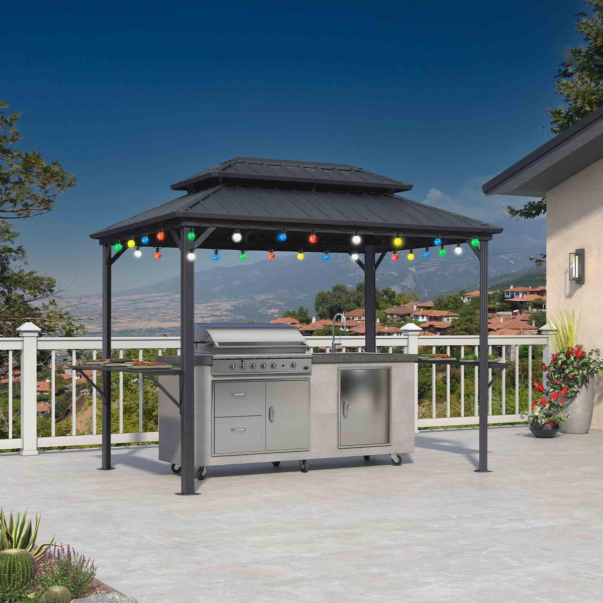PURPLE LEAF Hardtop Grill Gazebo for Patio Grey Permanent Metal Roof Outside Sun Shade Outdoor BBQ Canopy with String Lights