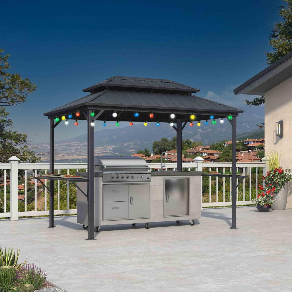 PURPLE LEAF Hardtop Grill Gazebo for Patio Grey Permanent Metal Roof Outside Sun Shade Outdoor BBQ Canopy with String Lights