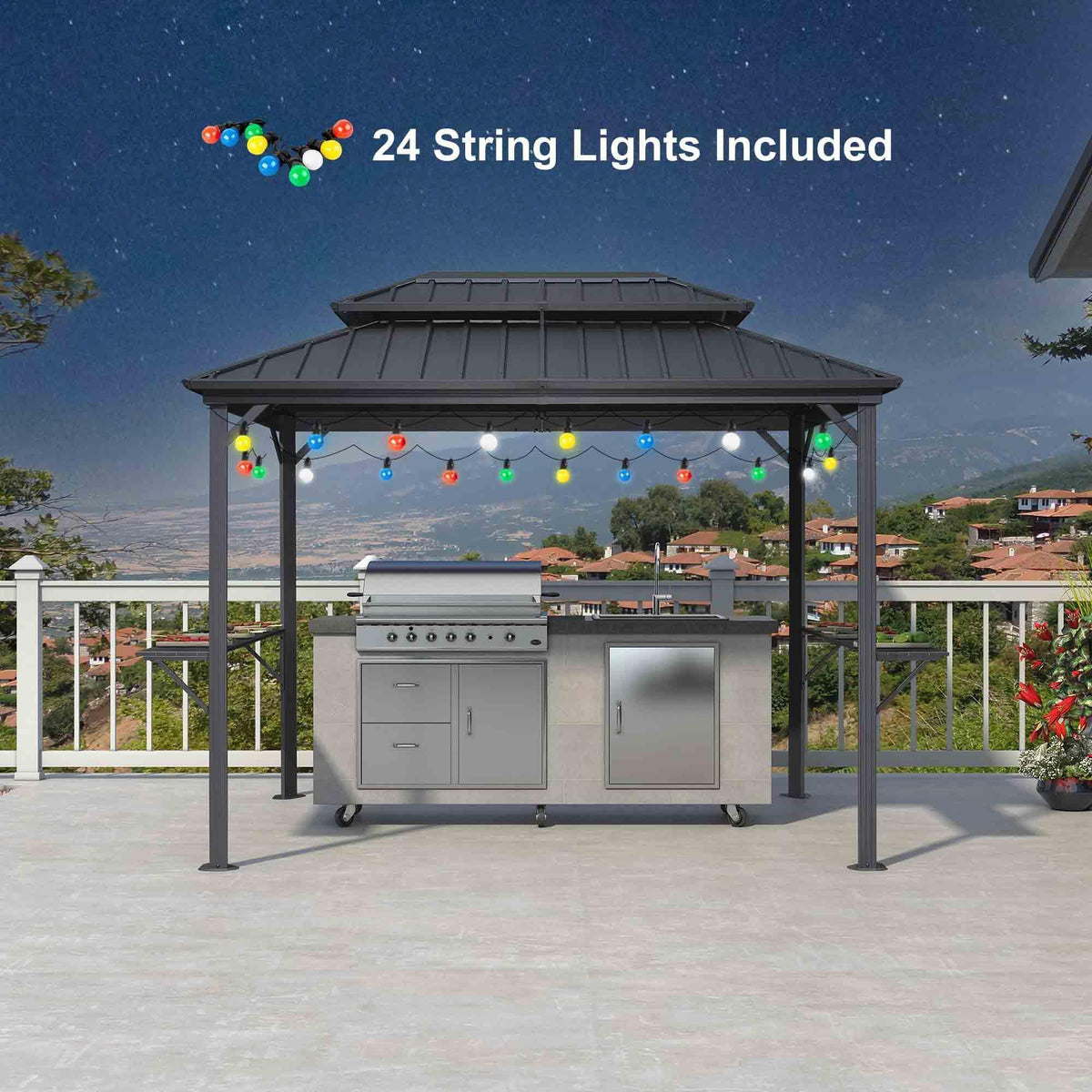 PURPLE LEAF Hardtop Grill Gazebo for Patio Grey Permanent Metal Roof Outside Sun Shade Outdoor BBQ Canopy with String Lights