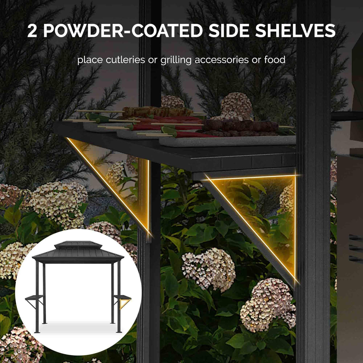 PURPLE LEAF Hardtop Grill Gazebo for Patio Grey Permanent Metal Roof Outside Sun Shade Outdoor BBQ Canopy with String Lights