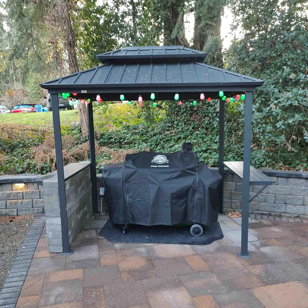 PURPLE LEAF Hardtop Grill Gazebo for Patio Grey Permanent Metal Roof Outside Sun Shade Outdoor BBQ Canopy with String Lights