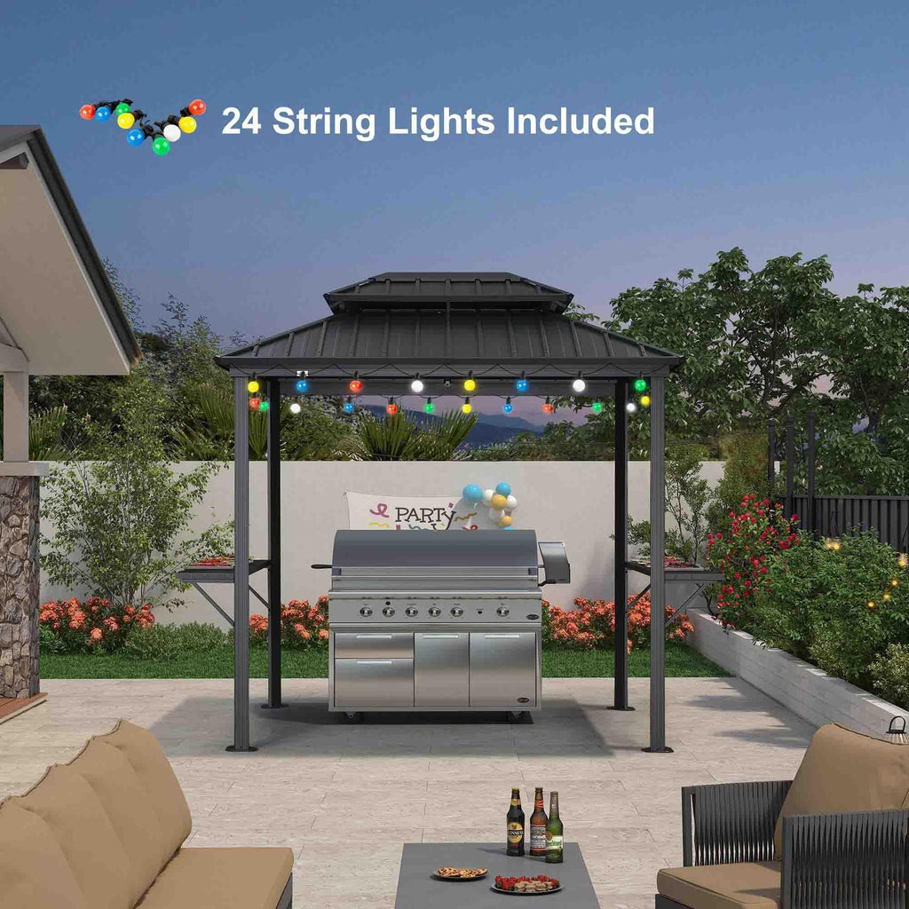 PURPLE LEAF Hardtop Grill Gazebo for Patio Grey Permanent Metal Roof Outside Sun Shade Outdoor BBQ Canopy with String Lights