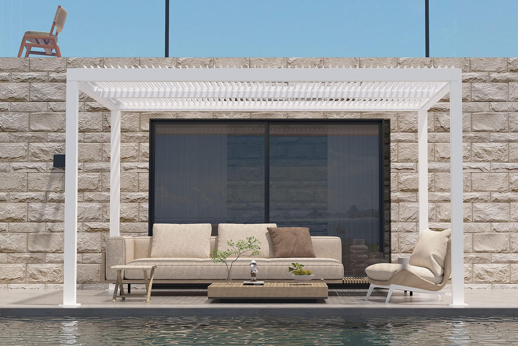PURPLE LEAF Athena Louvered Pergola Modern White Pergola with Adjustable Roof for Deck Backyard Garden