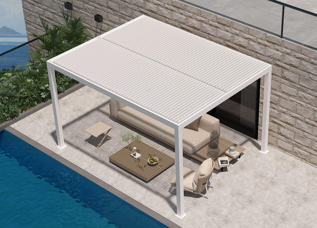 PURPLE LEAF Athena Louvered Pergola Modern White Pergola with Adjustable Roof for Deck Backyard Garden