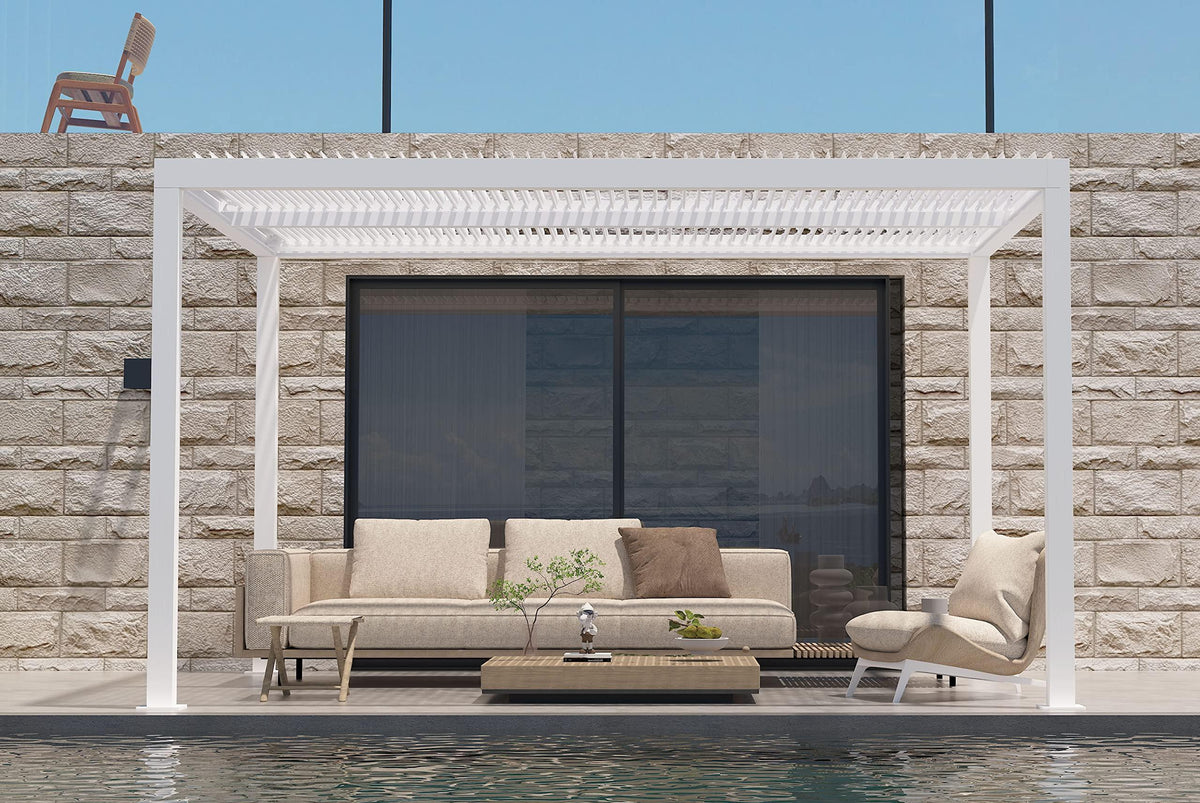 PURPLE LEAF Athena Louvered Pergola Modern White Pergola with Adjustable Roof for Deck Backyard Garden