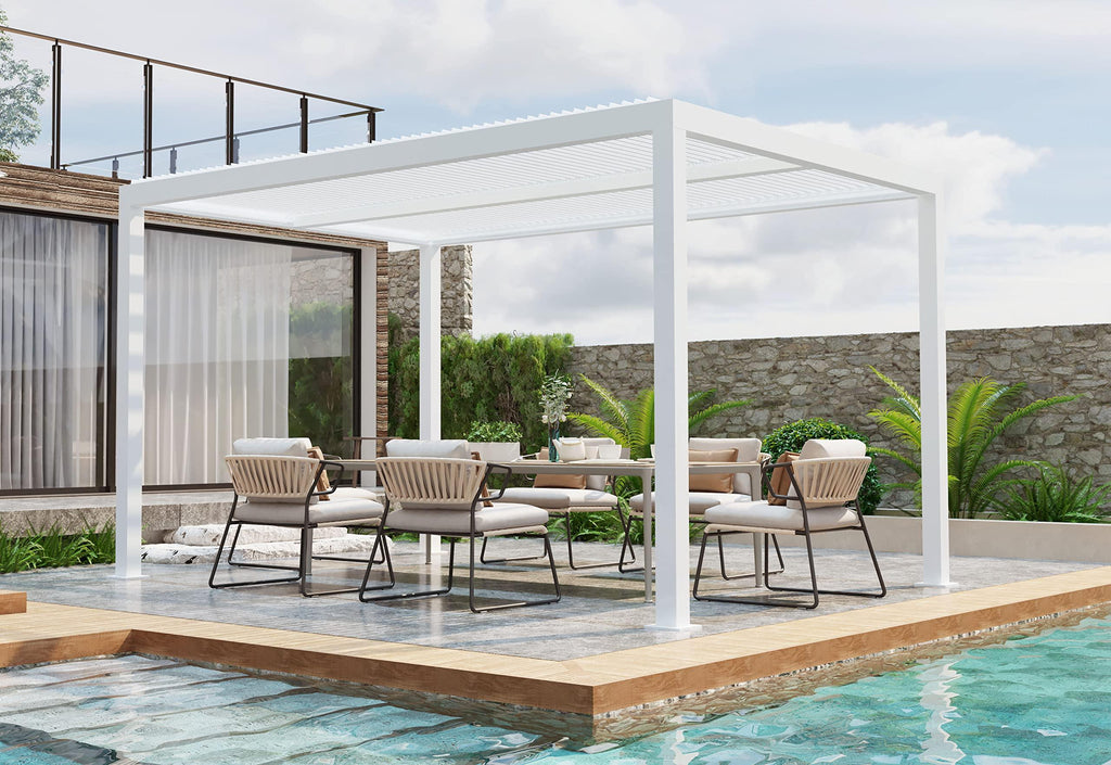 PURPLE LEAF Athena Louvered Pergola Modern White Pergola with Adjustable Roof for Deck Backyard Garden
