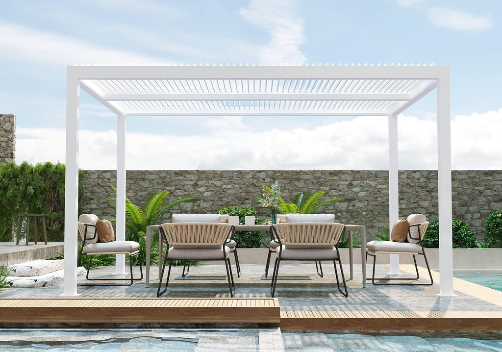 PURPLE LEAF Athena Louvered Pergola Modern White Pergola with Adjustable Roof for Deck Backyard Garden