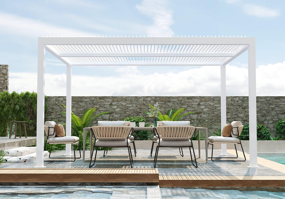 PURPLE LEAF Athena Louvered Pergola Modern White Pergola with Adjustable Roof for Deck Backyard Garden