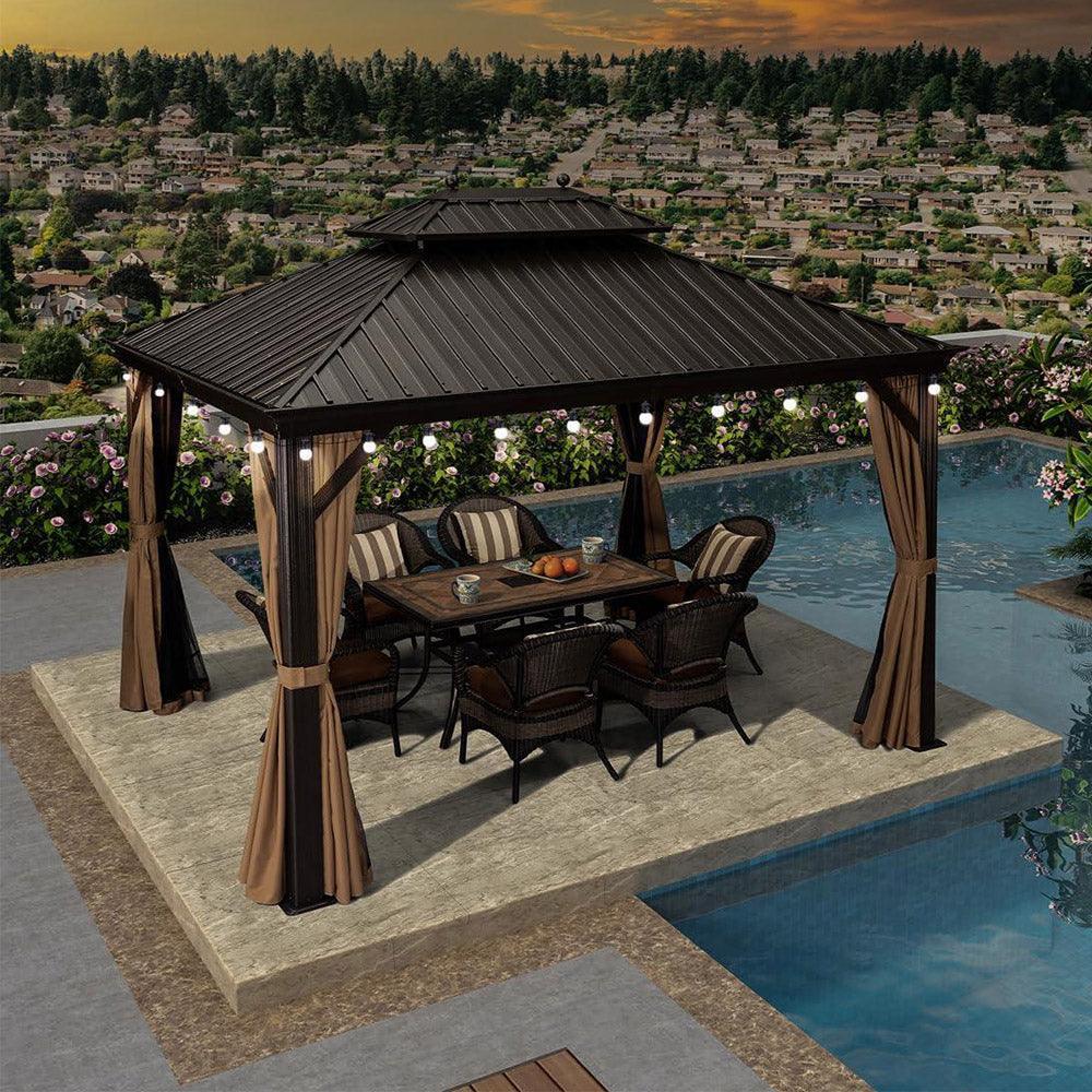 PURPLE LEAF Outdoor Hardtop Gazebo for Garden Bronze Double Roof Aluminum Frame Pavilion with String Lights-milky