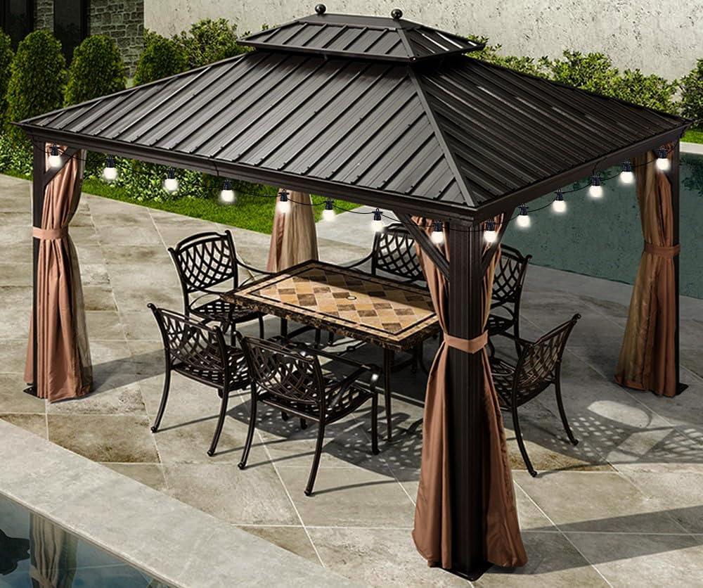 PURPLE LEAF Outdoor Hardtop Gazebo for Garden Bronze Double Roof Aluminum Frame Pavilion with String Lights-milky