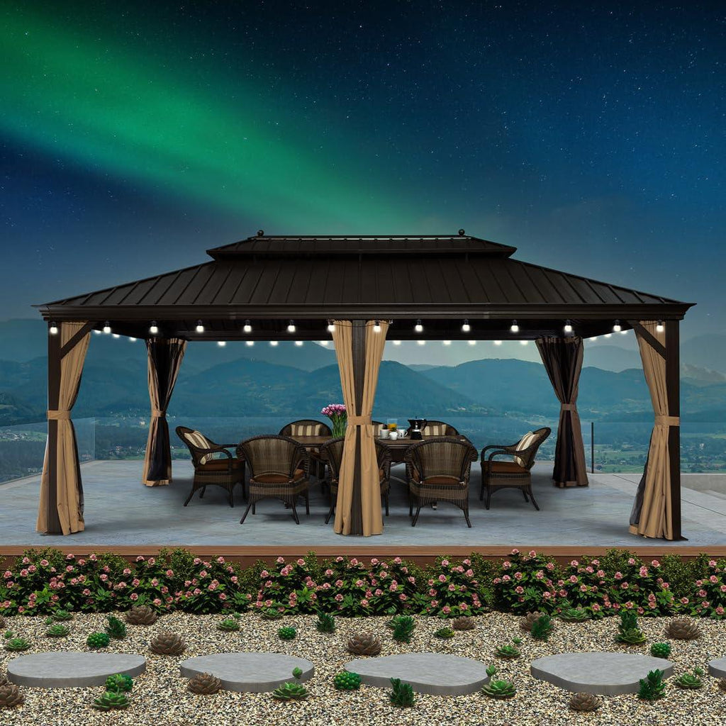 PURPLE LEAF Outdoor Hardtop Gazebo for Garden Bronze Double Roof Aluminum Frame Pavilion with String Lights-clear