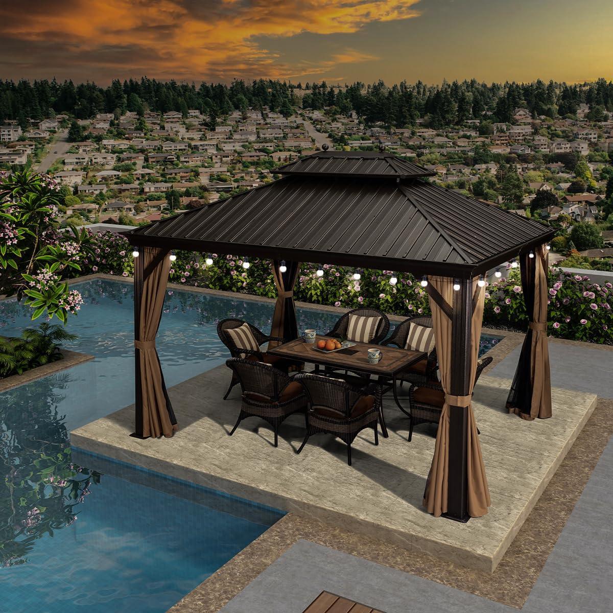 PURPLE LEAF Outdoor Hardtop Gazebo for Garden Bronze Double Roof Aluminum Frame Pavilion with String Lights-milky