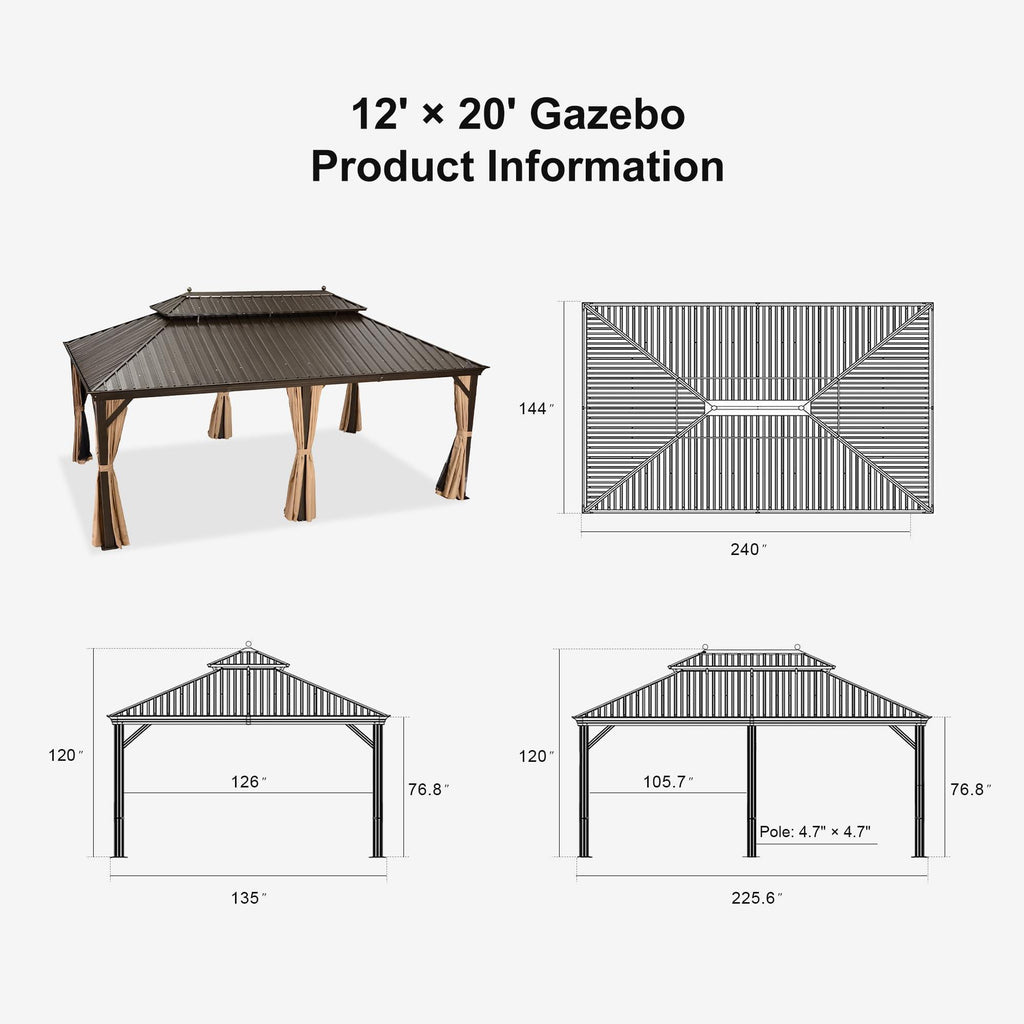 PURPLE LEAF Outdoor Hardtop Gazebo for Garden Bronze Double Roof Aluminum Frame Pavilion with String Lights-milky