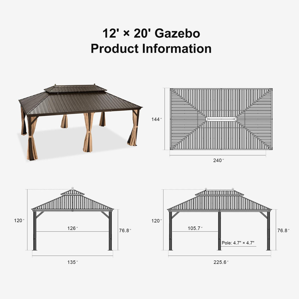PURPLE LEAF Outdoor Hardtop Gazebo for Garden Bronze Double Roof Aluminum Frame Pavilion with String Lights-clear