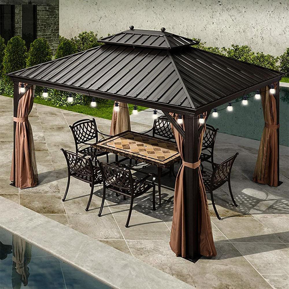 PURPLE LEAF Outdoor Hardtop Gazebo for Garden Bronze Double Roof Aluminum Frame Pavilion with String Lights-milky