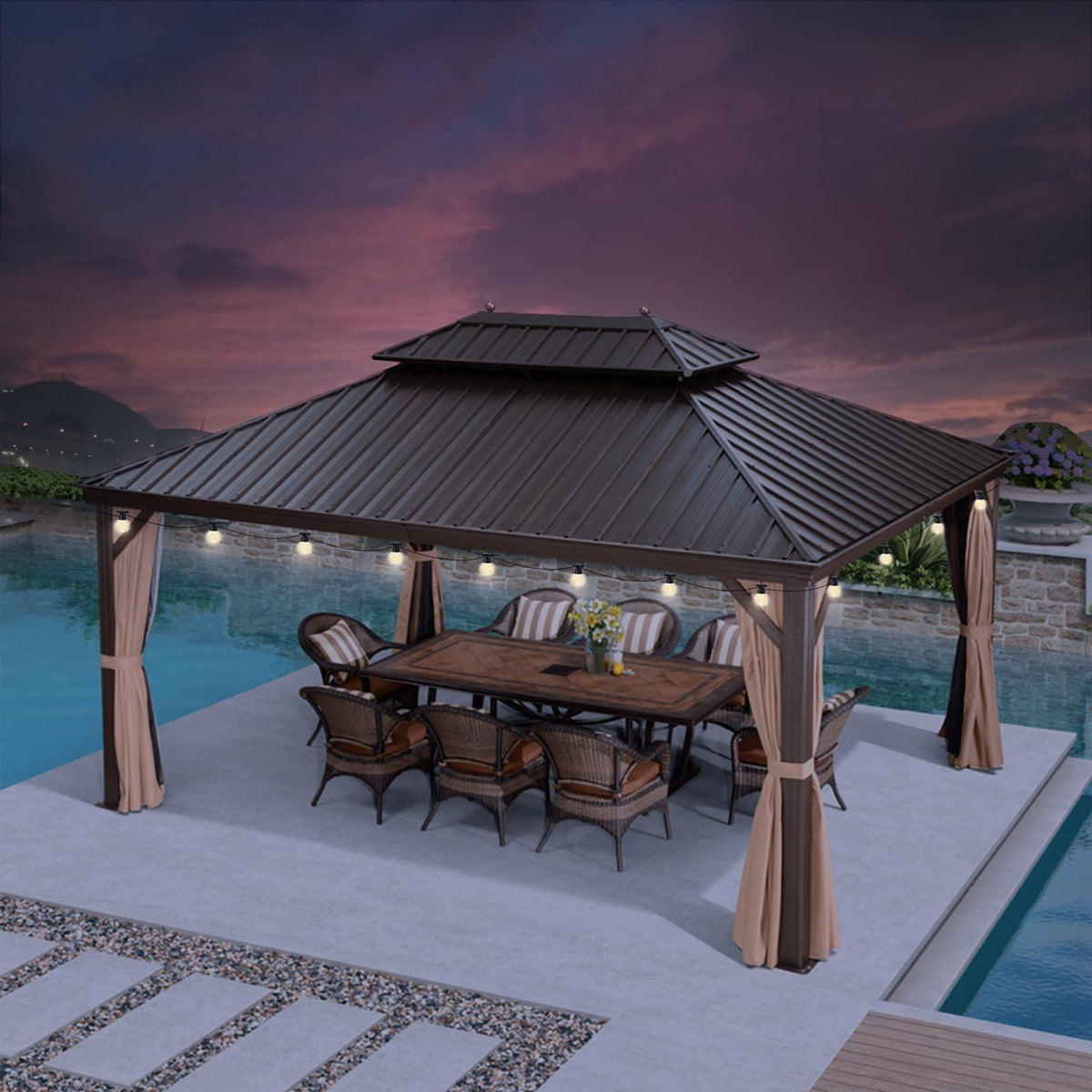 PURPLE LEAF Outdoor Hardtop Gazebo for Garden Bronze Double Roof Aluminum Frame Pavilion with String Lights-clear