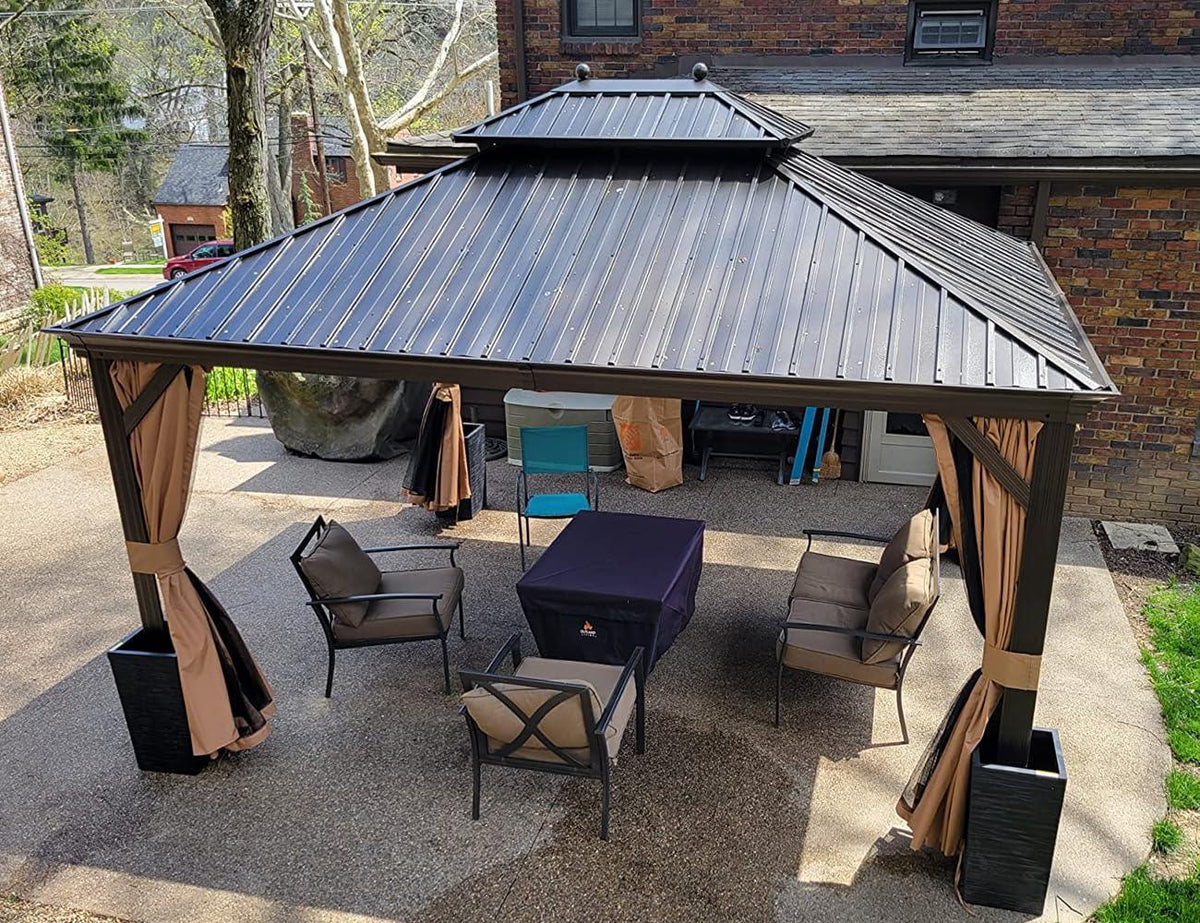 PURPLE LEAF Outdoor Hardtop Gazebo for Garden Bronze Double Roof Aluminum Frame Pavilion with String Lights-clear