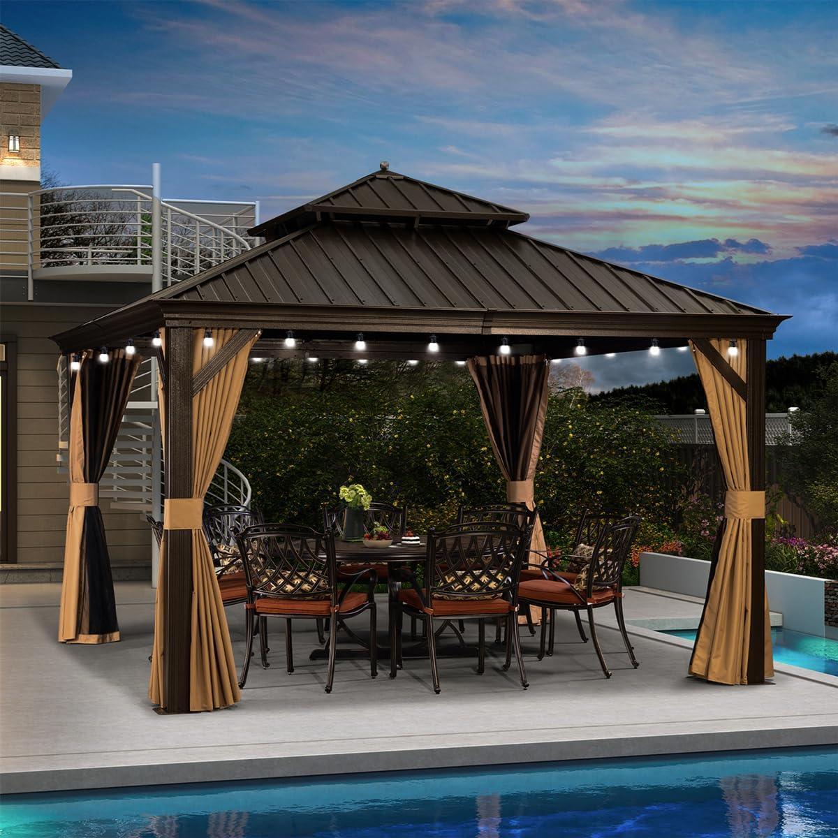 PURPLE LEAF Outdoor Hardtop Gazebo for Garden Bronze Double Roof Aluminum Frame Pavilion with String Lights-clear