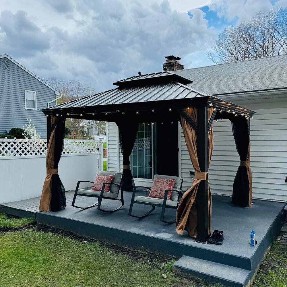 PURPLE LEAF Outdoor Hardtop Gazebo for Garden Bronze Double Roof Aluminum Frame Pavilion with String Lights-milky