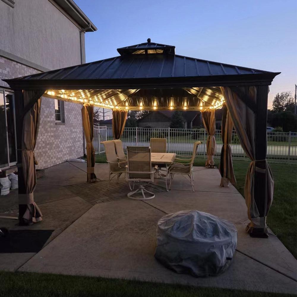 PURPLE LEAF Outdoor Hardtop Gazebo for Garden Bronze Double Roof Aluminum Frame Pavilion with String Lights-milky