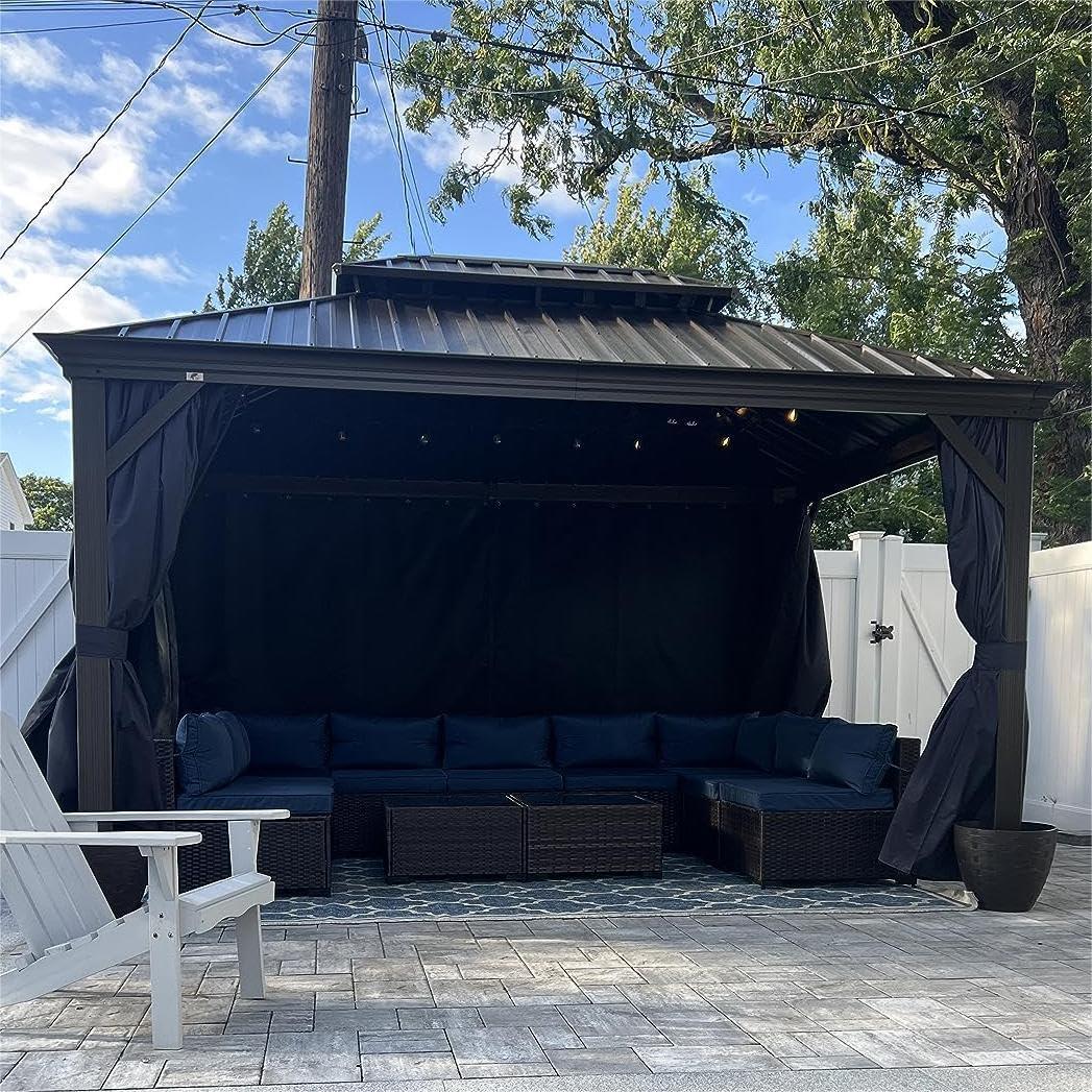 PURPLE LEAF Outdoor Hardtop Gazebo for Patio Bronze Aluminum Frame Pavilion with Navy-Blue Curtain and String Lights-clear