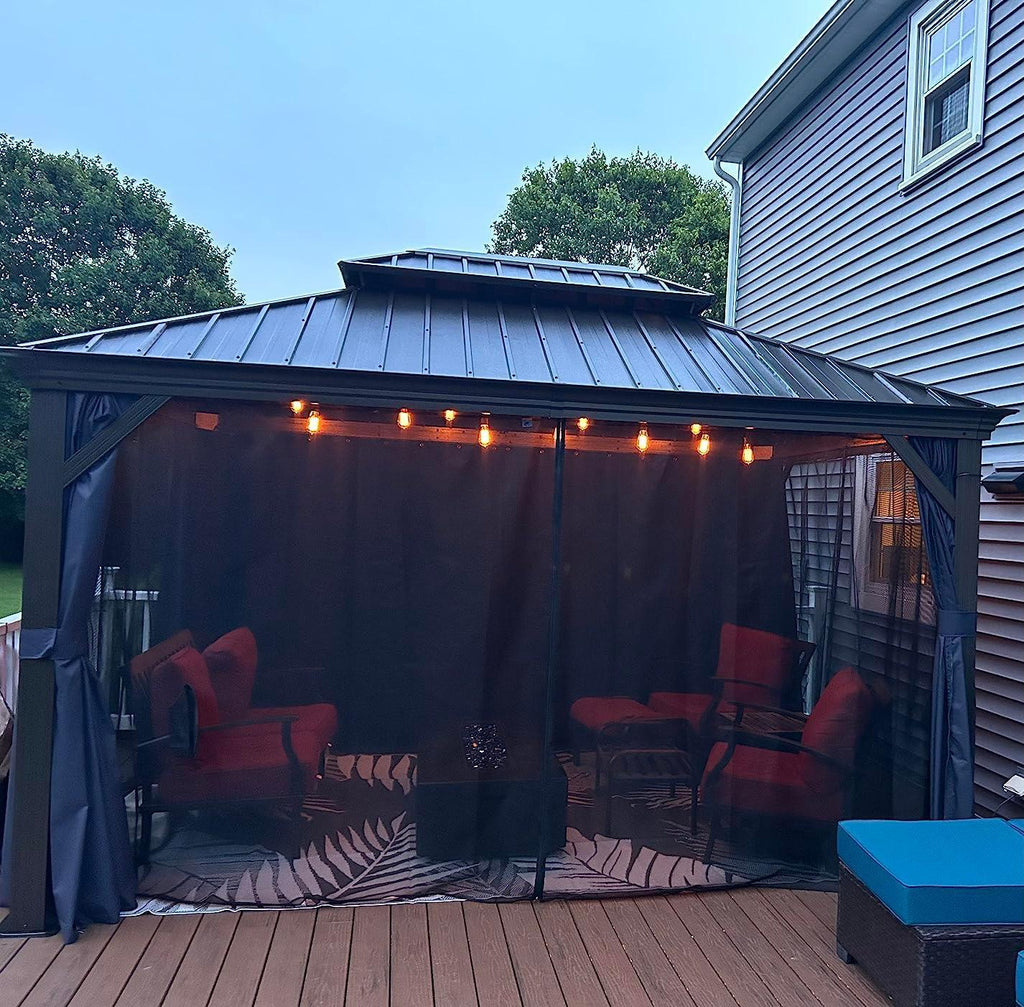 PURPLE LEAF Outdoor Hardtop Gazebo for Patio Bronze Aluminum Frame Pavilion with Navy-Blue Curtain and String Lights-milky