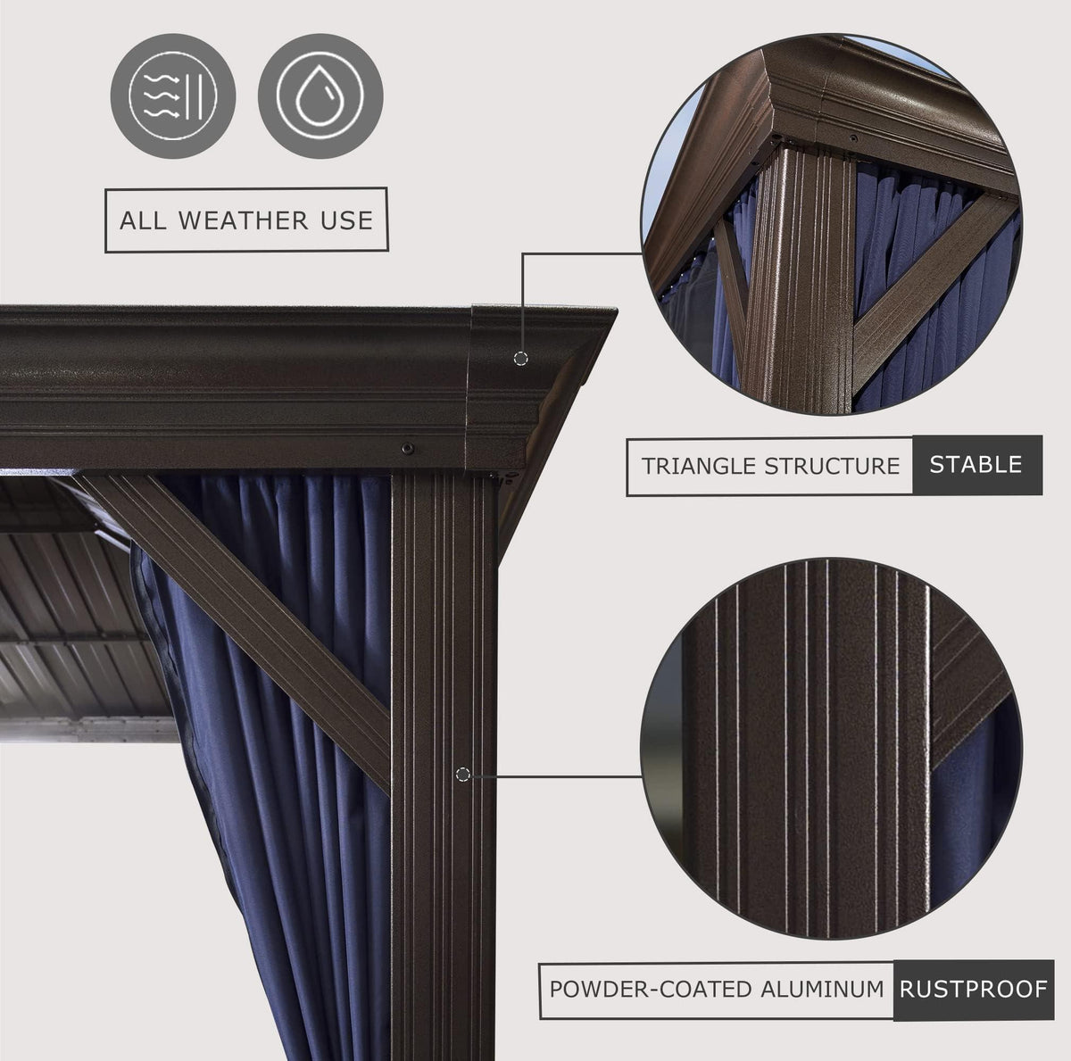 PURPLE LEAF Outdoor Hardtop Gazebo for Patio Bronze Aluminum Frame Pavilion with Navy-Blue Curtain and String Lights-clear