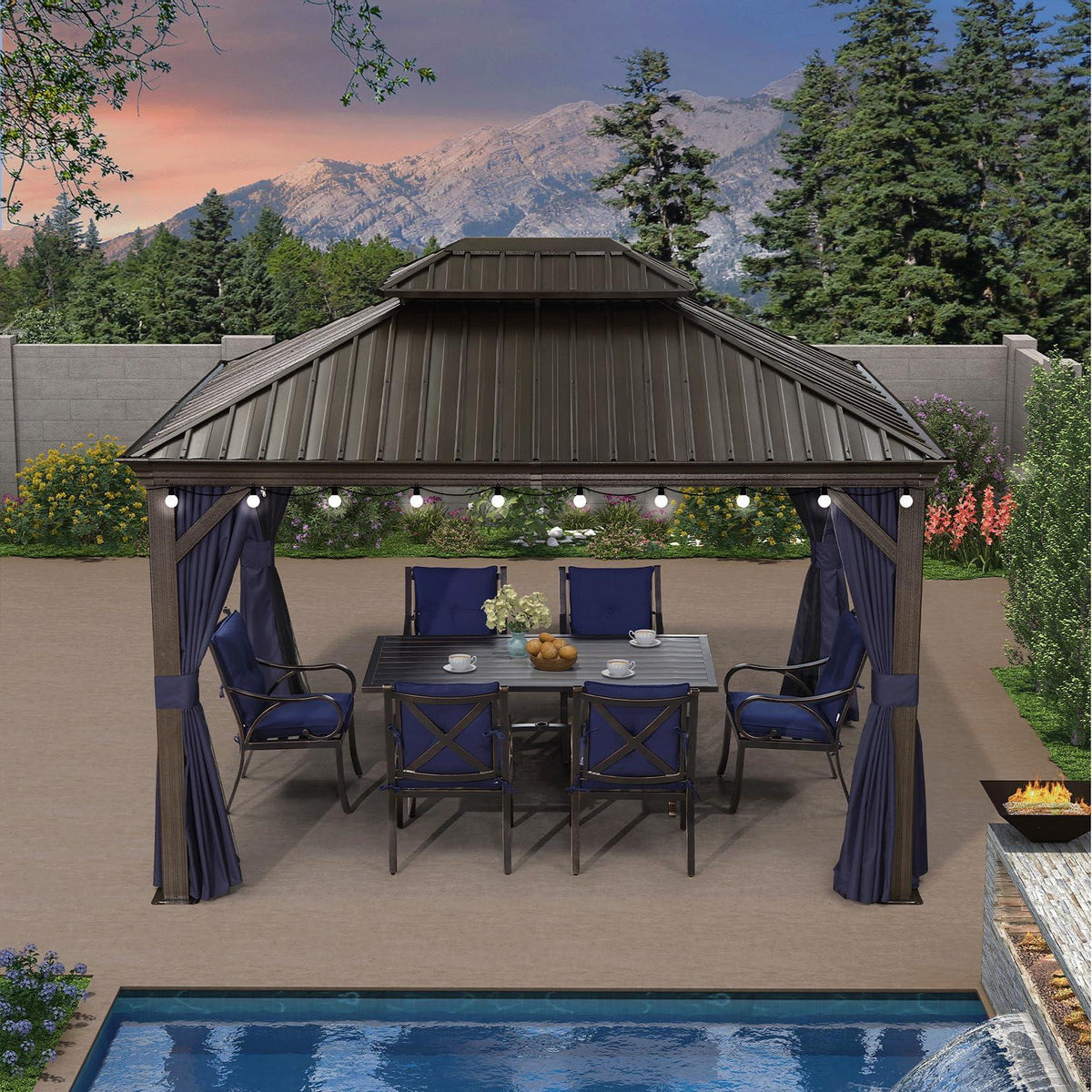 PURPLE LEAF Outdoor Hardtop Gazebo for Patio Bronze Aluminum Frame Pavilion with Navy-Blue Curtain and String Lights-clear