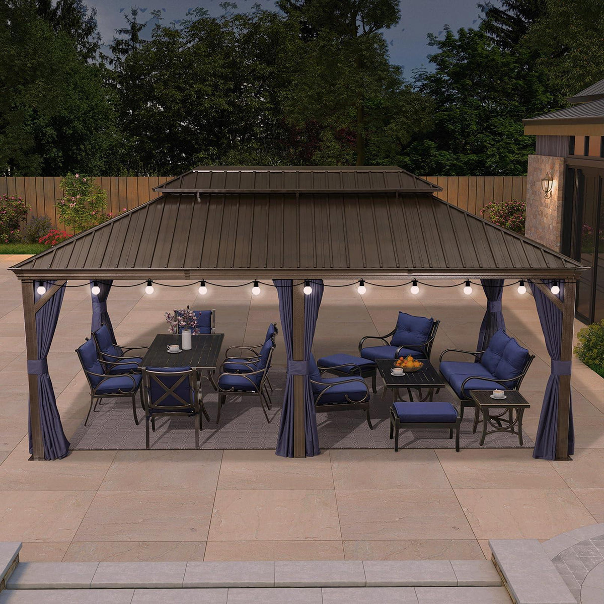 PURPLE LEAF Outdoor Hardtop Gazebo for Patio Bronze Aluminum Frame Pavilion with Navy-Blue Curtain and String Lights-milky