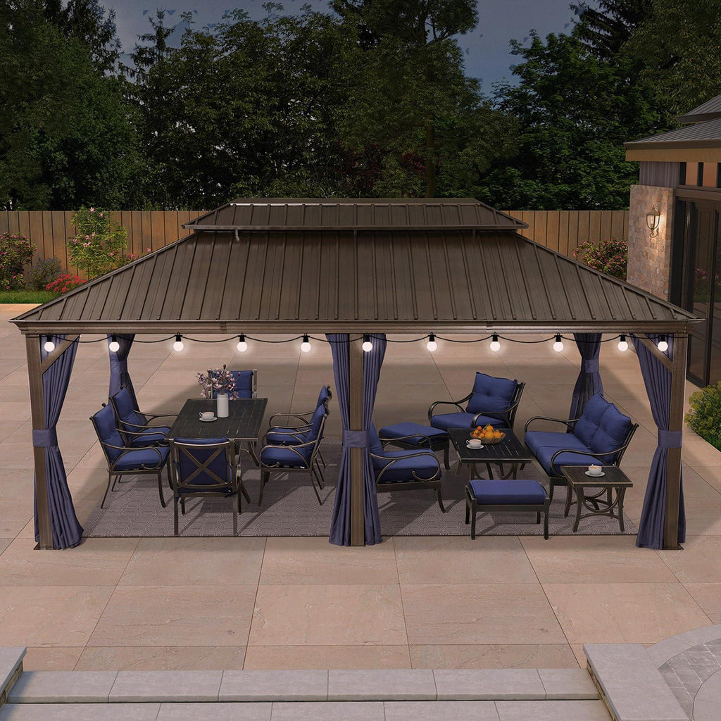 PURPLE LEAF Outdoor Hardtop Gazebo for Patio Bronze Aluminum Frame Pavilion with Navy-Blue Curtain and String Lights-clear
