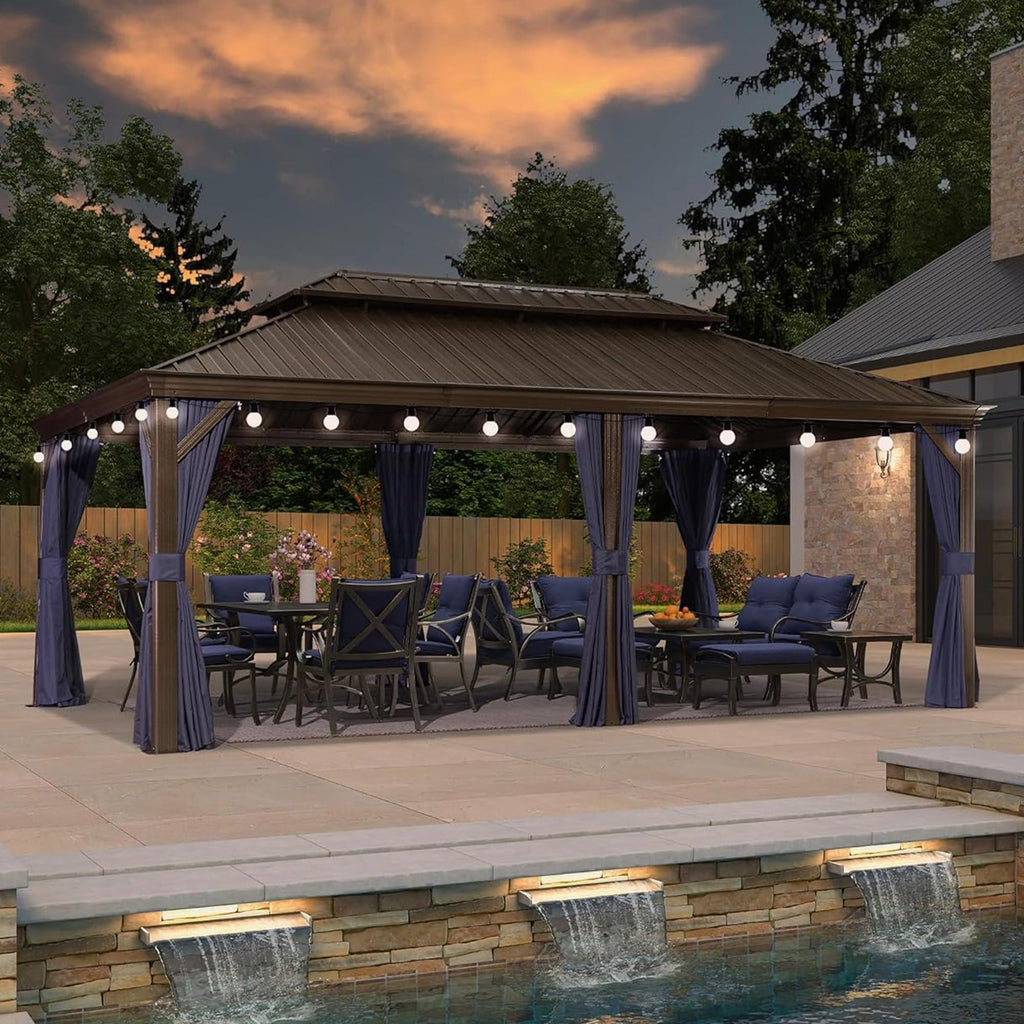 PURPLE LEAF Outdoor Hardtop Gazebo for Patio Bronze Aluminum Frame Pavilion with Navy-Blue Curtain and String Lights-clear