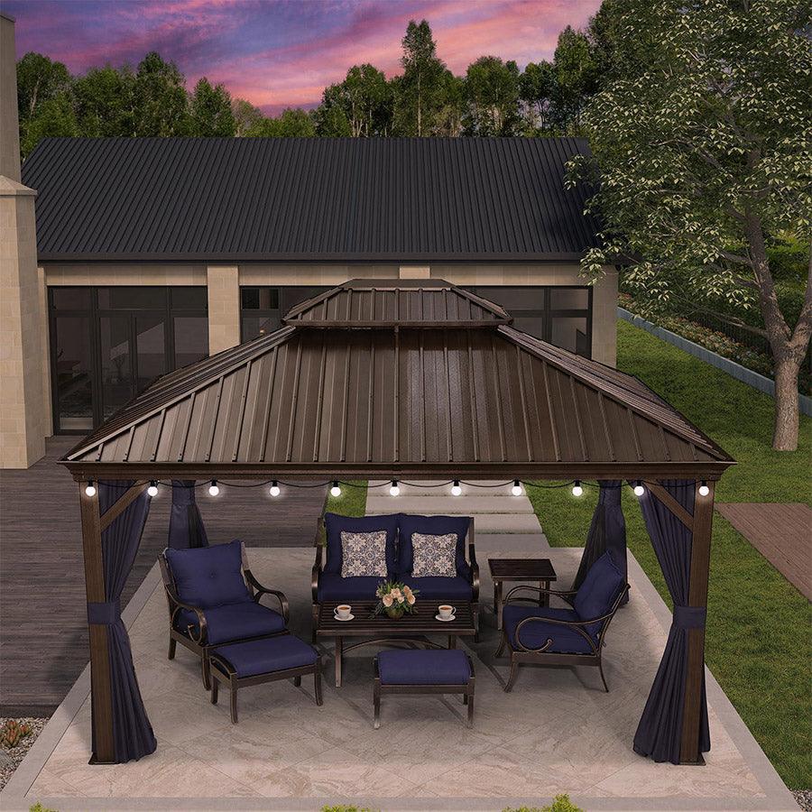PURPLE LEAF Outdoor Hardtop Gazebo for Patio Bronze Aluminum Frame Pavilion with Navy-Blue Curtain and String Lights-clear