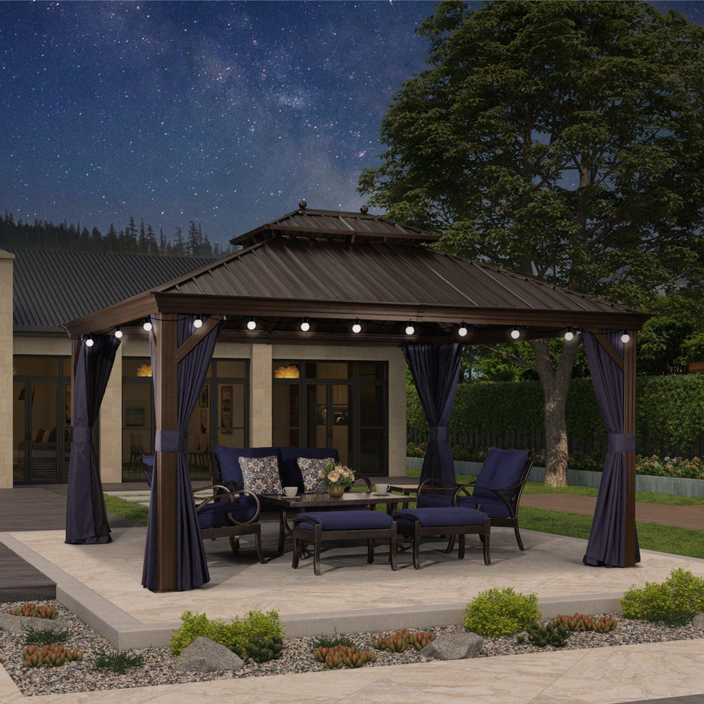 PURPLE LEAF Outdoor Hardtop Gazebo for Patio Bronze Aluminum Frame Pavilion with Navy-Blue Curtain and String Lights-clear