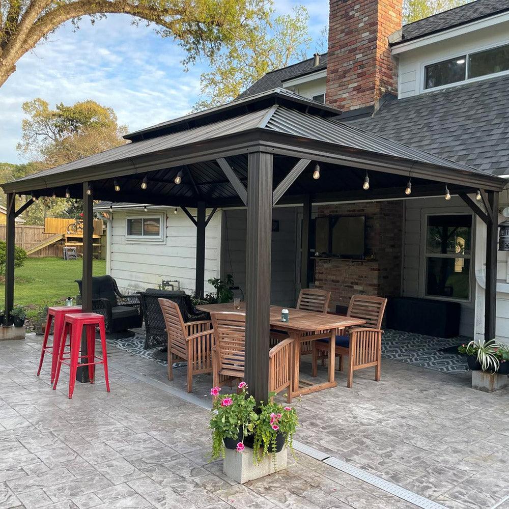 PURPLE LEAF Outdoor Hardtop Gazebo for Patio Bronze Aluminum Frame Pavilion with Navy-Blue Curtain and String Lights-milky