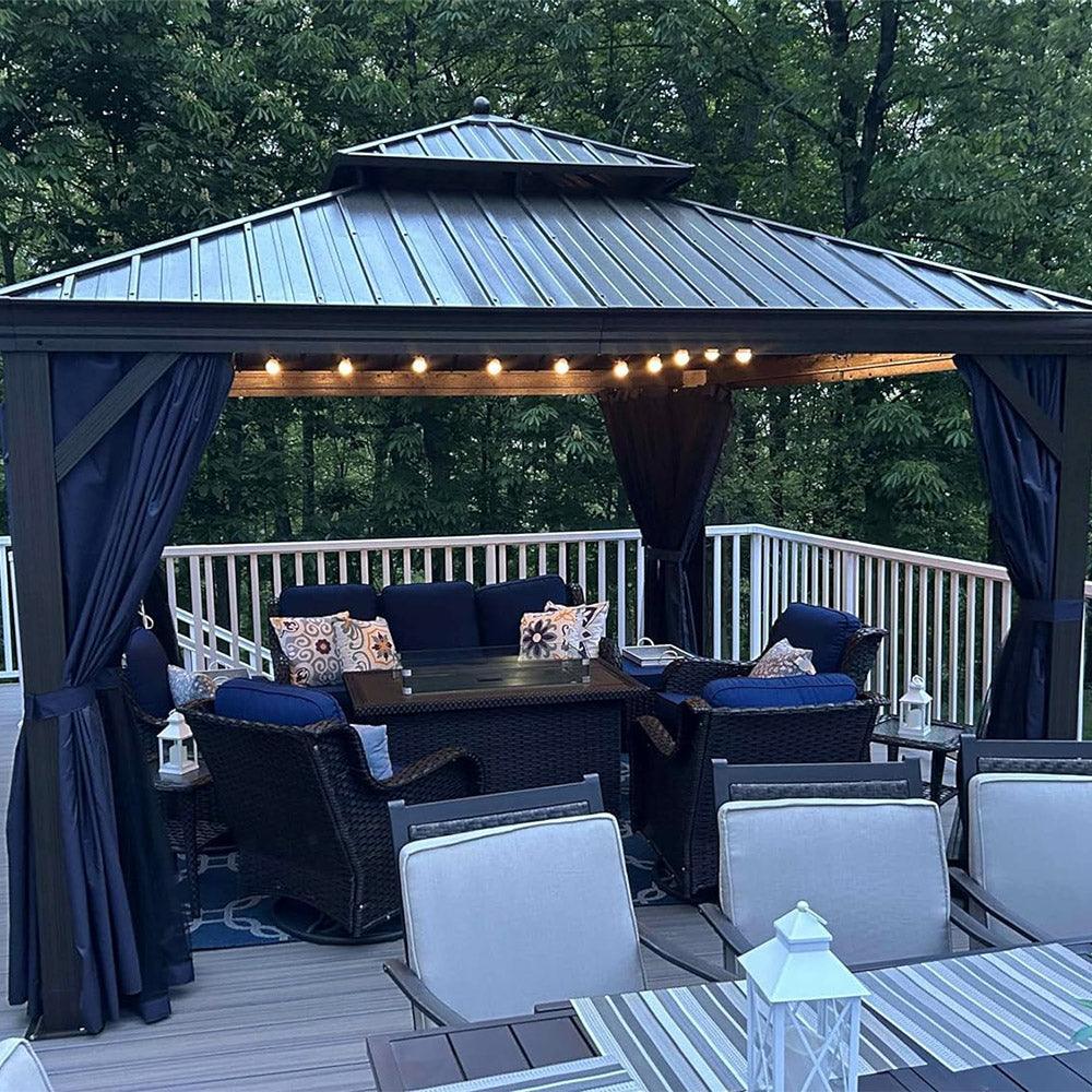 PURPLE LEAF Outdoor Hardtop Gazebo for Patio Bronze Aluminum Frame Pavilion with Navy-Blue Curtain and String Lights-milky