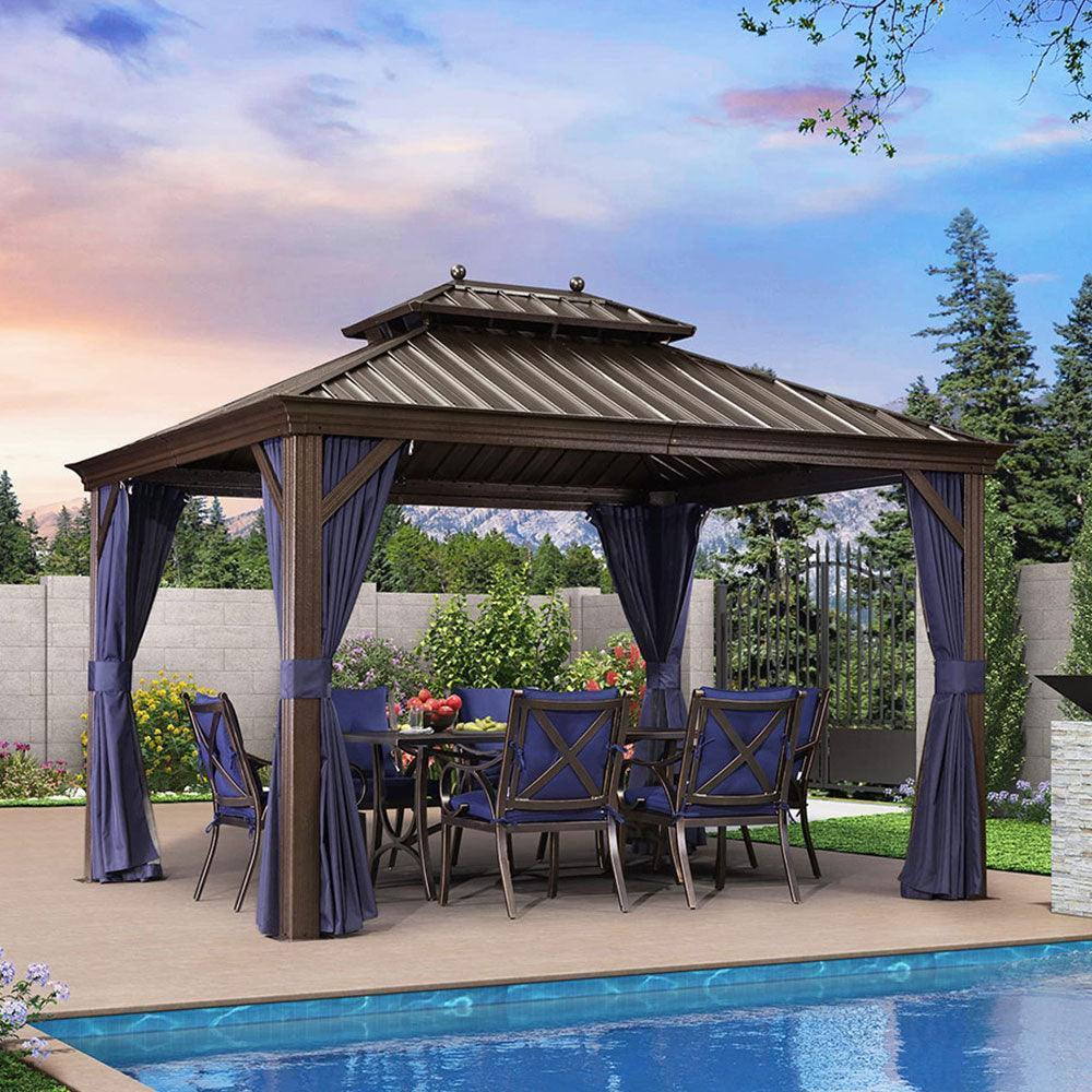 PURPLE LEAF Outdoor Hardtop Gazebo for Patio Bronze Aluminum Frame Pavilion with Navy-Blue Curtain