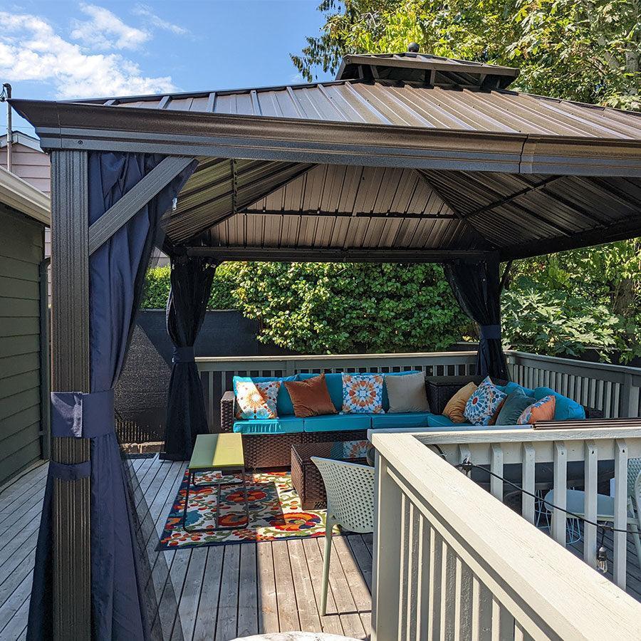 PURPLE LEAF Outdoor Hardtop Gazebo for Patio Bronze Aluminum Frame Pavilion with Navy-Blue Curtain and Reinforced Support Rods