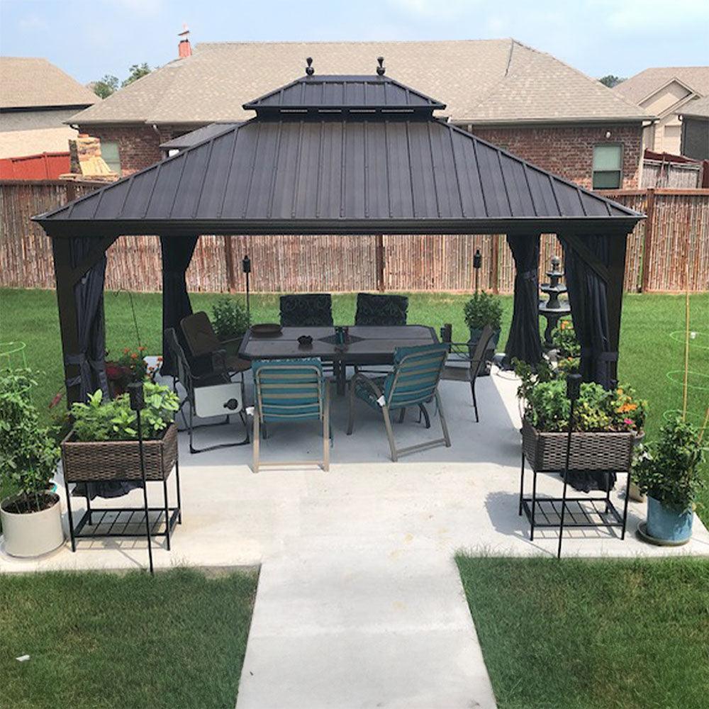 PURPLE LEAF Outdoor Hardtop Gazebo for Patio Bronze Aluminum Frame Pavilion with Navy-Blue Curtain