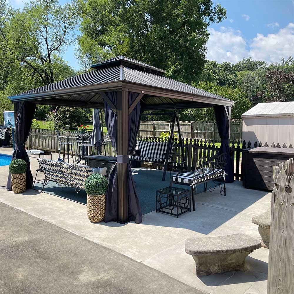 PURPLE LEAF Outdoor Hardtop Gazebo for Patio Bronze Aluminum Frame Pavilion with Navy-Blue Curtain and Reinforced Support Rods