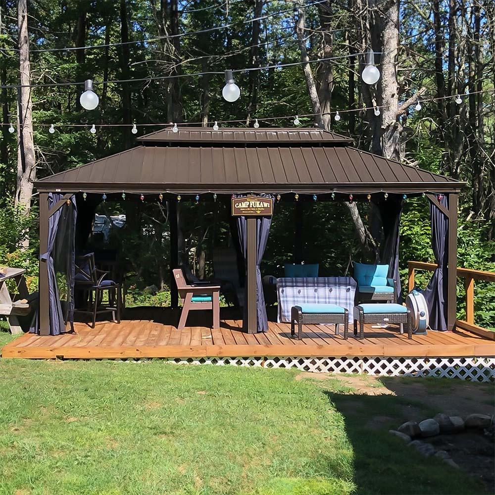 PURPLE LEAF Outdoor Hardtop Gazebo for Patio Bronze Aluminum Frame Pavilion with Navy-Blue Curtain and Reinforced Support Rods