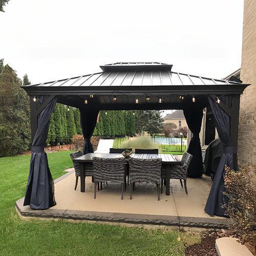 PURPLE LEAF Outdoor Hardtop Gazebo for Patio Bronze Aluminum Frame Pavilion with Navy-Blue Curtain and Reinforced Support Rods