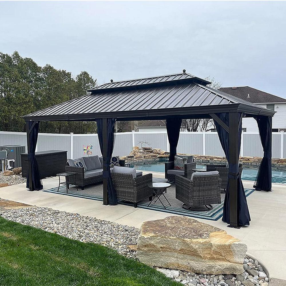 PURPLE LEAF Outdoor Hardtop Gazebo for Patio Bronze Aluminum Frame Pavilion with Navy-Blue Curtain